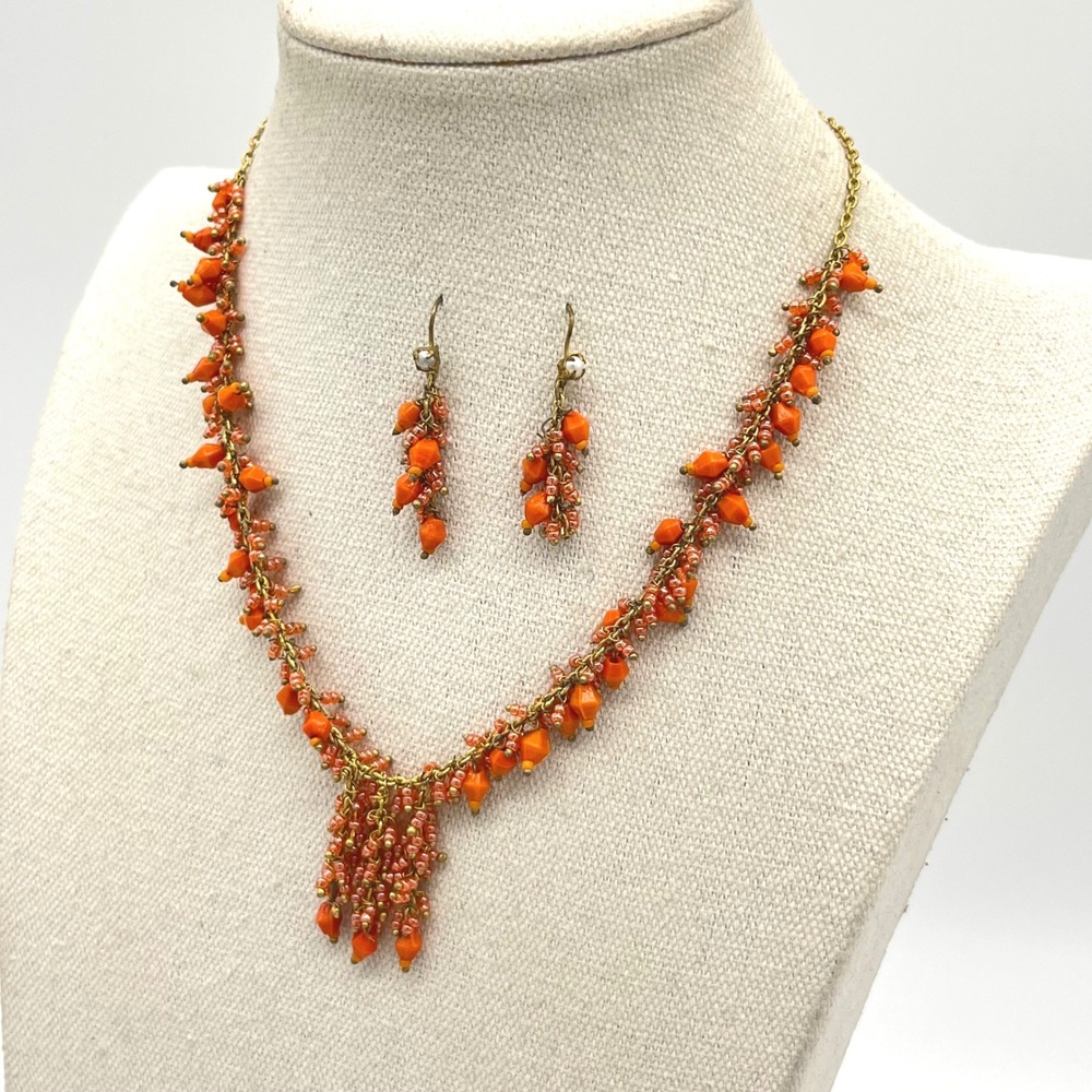 Orange‎ Beaded Fringe Necklace and Cluster Earring Set Gold Tone Boho Statement